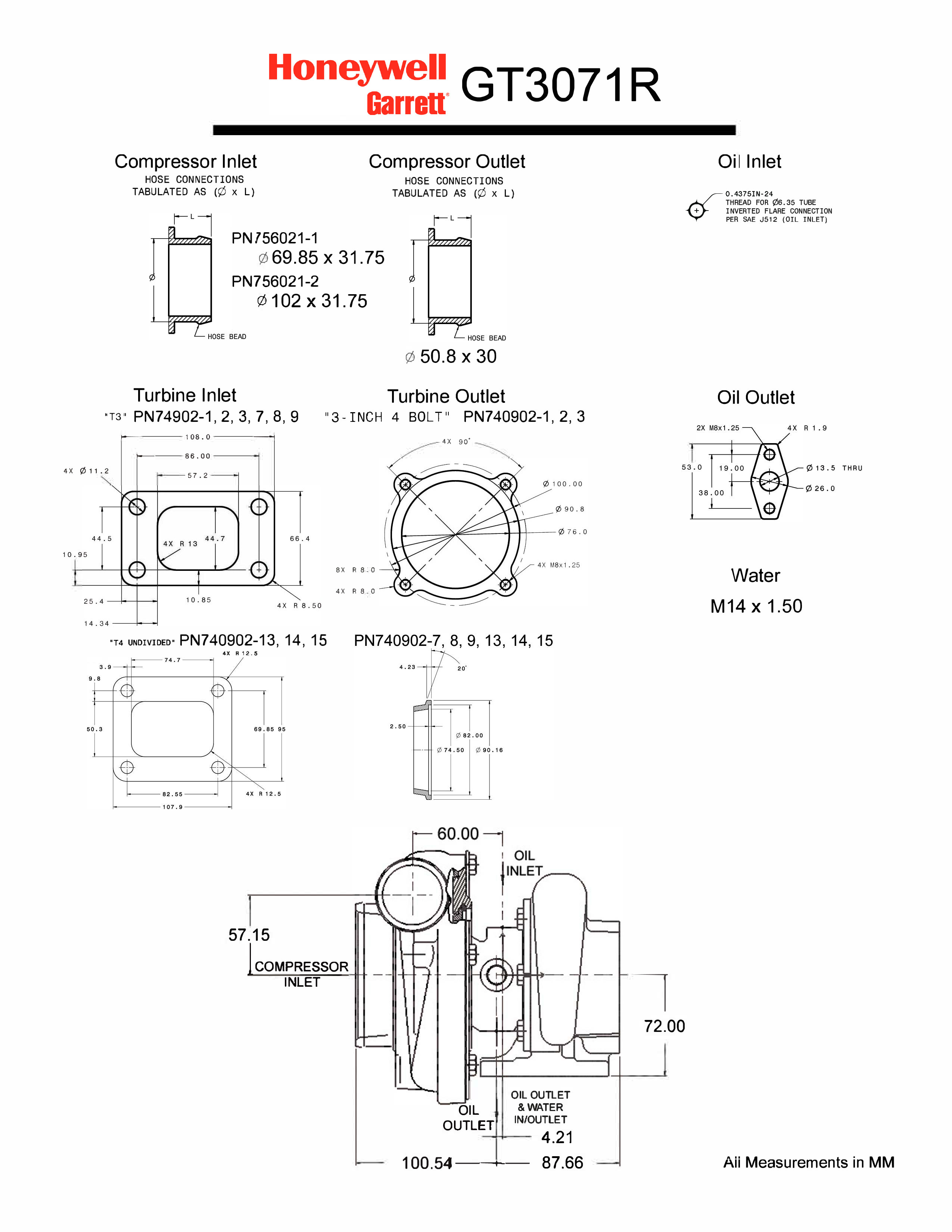 Размеры турбины и флянцев Garrett GT3071R
